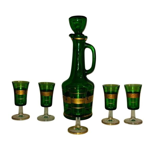 Vintage Green And Gold Italian Decanter And 5 Glasses Stunning! - Picture 6 of 6